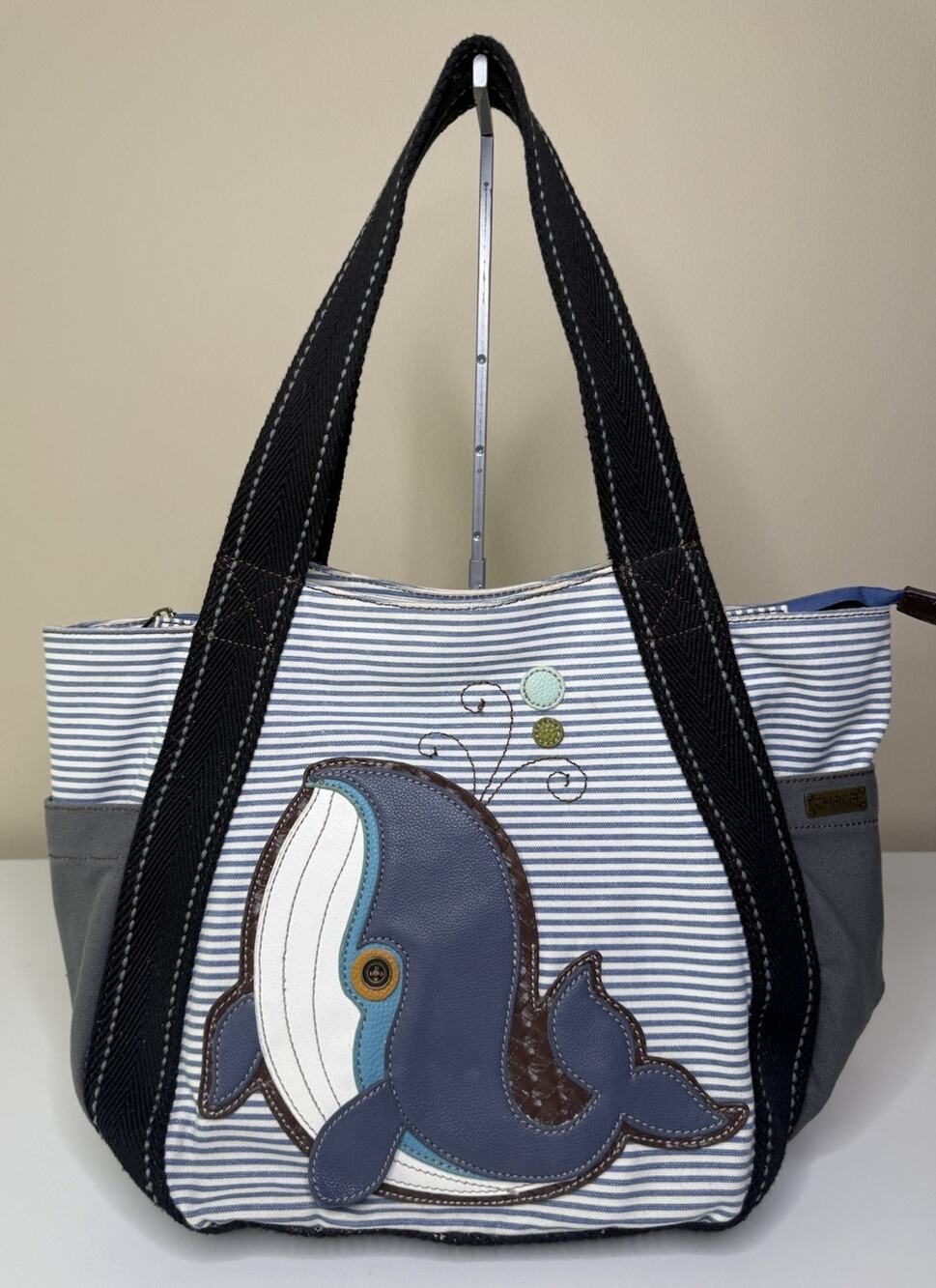 Chala Whale Carryall Tote Blue White Stripe Canvas Zip Top Dual Handle Bag